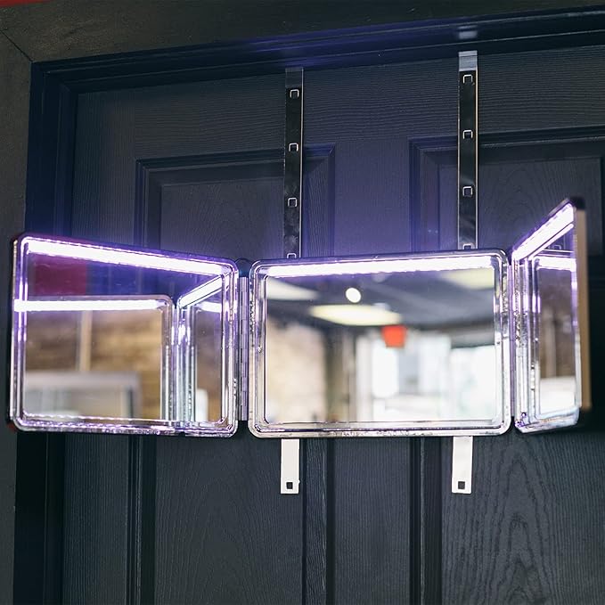Self-Cut System LED 3 Way Mirror for Self Hair Cutting, Trifold Barber Mirror with Height Adjustable Hooks, 360 View, Includes Free Educational Mobile App (Heaven Lights)
