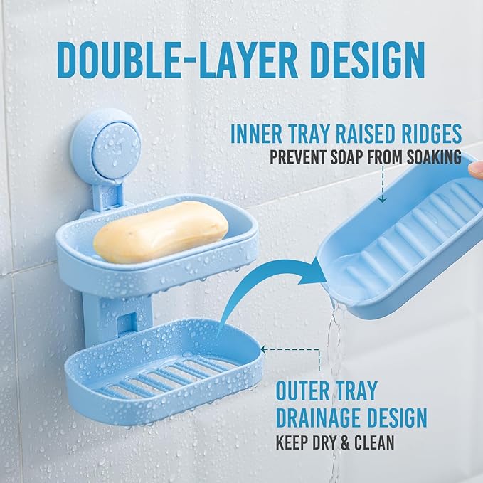 TAILI Soap Holder Soap Dish for Shower, Suction Cup Soap Holder for Shower Wall, Bathroom Accessories, Removable Strong Hold Soap Saver, Drill Free Double Soap Dish, Blue 2 Layer