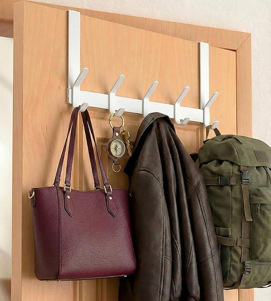 Over The Door Hooks Hanger with 7" Arms for Hanging Heavy Coats, Towel, J7U, Perfectly Fits US Standard 1 3/8-inch Doors, Towel Rack Bathroom Organizer Holder, Rustproof, White