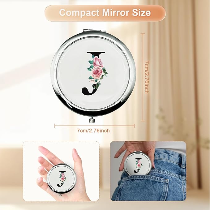 JEKUGOT Monogram Compact Mirror, Personalized Gifts for Women and Girls, Small Pocket Mirror, Personalized Compact Mirrors for Girls, Sister, Wife, Mothers, Birthday Gifts - J