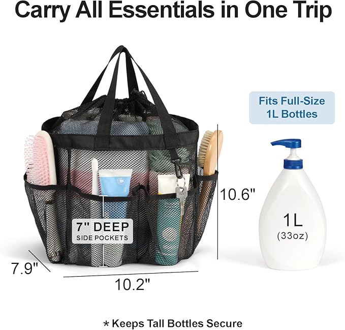 F-color Mesh Shower Caddy Portable with Drawstring - 8 Deeper Pockets 2 handles College Dorm Room Essentials for Girls Guys, Shower Caady Dorm Bag Tote for Camping Gym Travel Toiletry Bathroom, Black