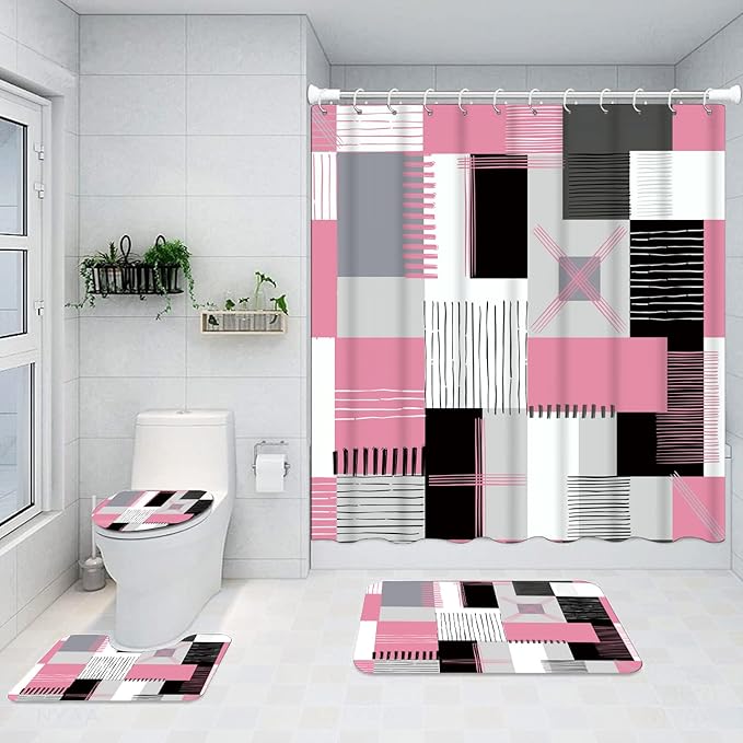 All Smiles Shower Curtain Sets Pink Bathroom Sets with Shower Curtains and Rugs Modern Home Bathroom Décor Accessories,Shower Curtains Waterproof with Non-Slip Rugs Toilet Lid Cover and Bath Mat
