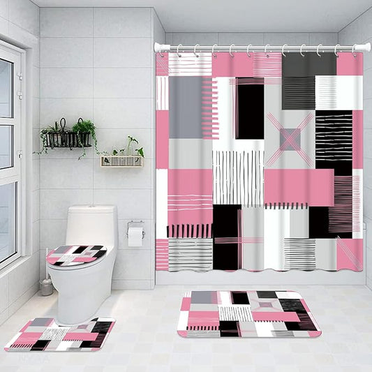 All Smiles Shower Curtain Sets Pink Bathroom Sets with Shower Curtains and Rugs Modern Home Bathroom Décor Accessories,Shower Curtains Waterproof with Non-Slip Rugs Toilet Lid Cover and Bath Mat