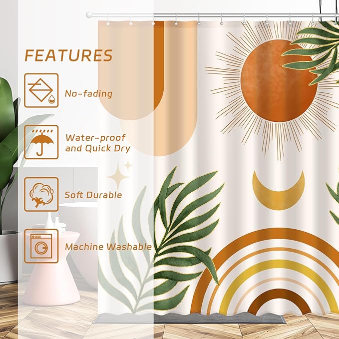 Boho Mid Century Shower Curtain, Bohemian Orange Minimalist Simple Aesthetic Modern Bathroom Decor, Spring Summer Colorful Rainbow Sun Moon Botanical Fabric Cloth Bath Curtain 72x72 Inches