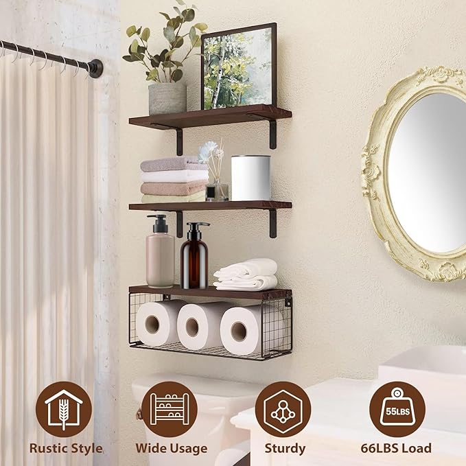 2 in 1 Floating Shelves with Storage Basket, Sturdy Paulownia Wood Wall Shelves for Bathroom Living Room