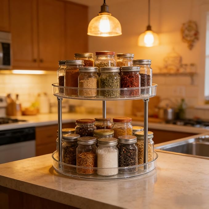 Clear Resin Cosmetic Two Tier Organizer Lazy Susan Organizer, Large Capacity Kitchen Spice Skin Care Perfume Display for Kitchen Bathroom Vanities
