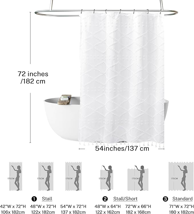 Stall Boho White Woven Fabric Shower Curtain with Tassels 54 x 72 Modern Farmhouse Minimalist Tufted Chevron Striped Shabby Chic Textured, Water Resistant Curtain for Bathroom, Hotel Decor