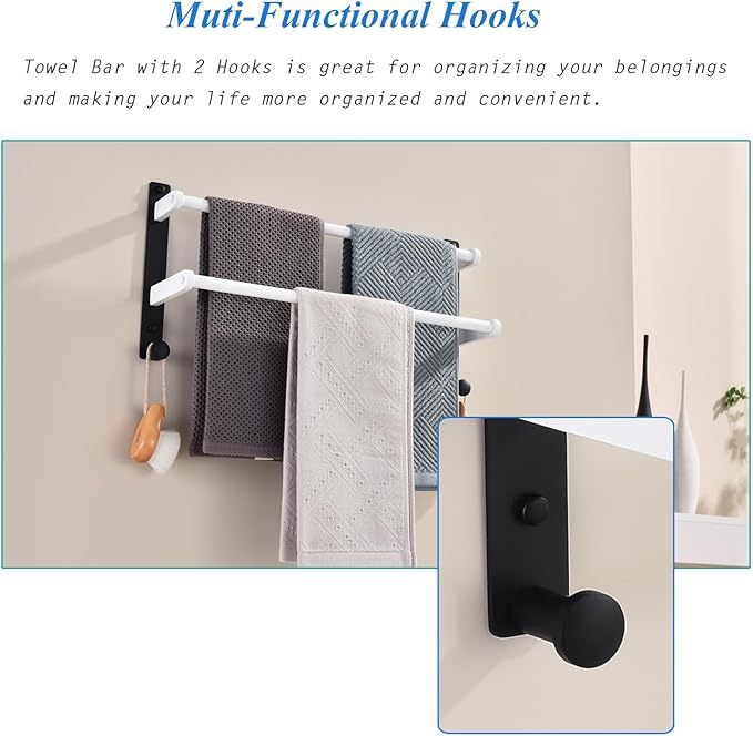 Bathroom Double Towel Rack with Hooks, 18-Inch Towel Bar - Stainless Steel Wall Mounted Towel Holder, White & Black