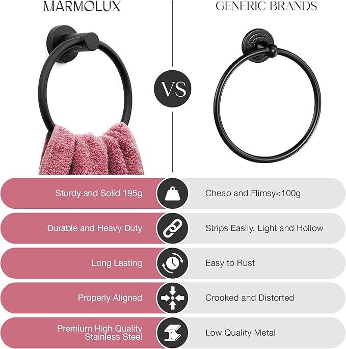 MARMOLUX ACC Matte Black Towel Rings (2 Pack) - Modern Hand Towel Holders for Bathroom Wall - Round Stainless Steel Bathroom Towel Racks - Black Towel Hangers for Bathroom - Towel Holder Bathroom
