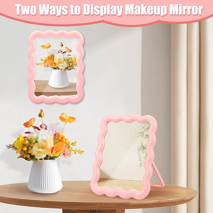 Desk Mirror, Wave-Shaped Adjustable Desk Vanity Makeup Mirror Office Cubicle with Eyebrows Tweezer, 6.7*5.3In Cute Travel Portable Folding Make Up Mirrors for Standing Hanging Home Decoration(Pink)