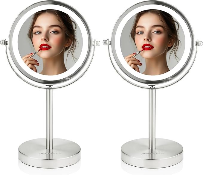 OVENTE Lighted Vanity Mirror 6 Inch Table Top 1X 7X Magnification LED 360 Adjustable Double Sided Spinning Personal Makeup Stand Desk Bathroom Battery Powered Round Large Nickel Brushed MLT60BR1X7X