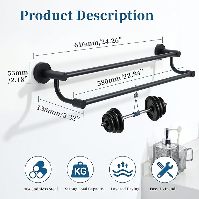 Alise Double Towel Bars,24 Inch Towel Rack for Bathroom, Wall Mount Towel Holder, Quick Drying Towel Hanger SUS304 Stainless Steel Towel Rail, Matte Black, GOY4600-B