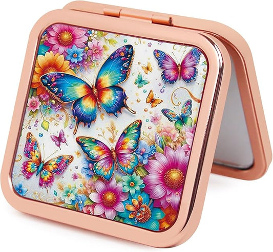 Compact Mirror for Women, Square Mini Pocket Travel Makeup Mirror, Pretty Portable Folding Small Pocket Mirror for Handbag, Purse, Double Sided Handheld Mirror(Rose Gold Butterfly)