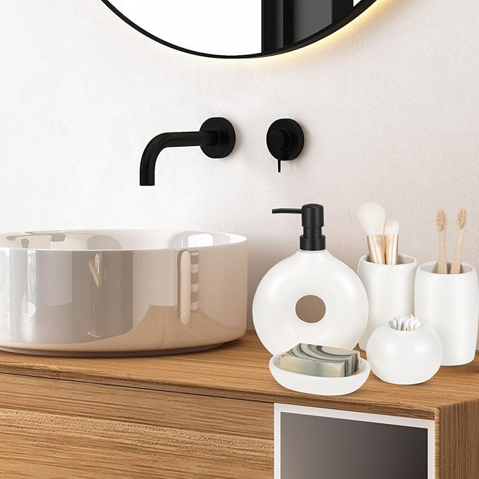 FoldTier 5 Pcs Ceramic Bathroom Accessories Set Includes Soap Dispenser Toothbrush Cup Holder Soapbox Holder Stylish Modern Bathroom Matte Glaze Decor(White)