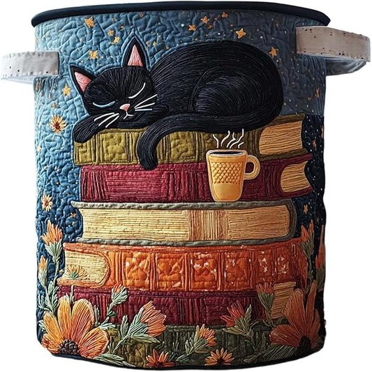 Cute Cat Quilted Laundry Basket with Handles, Boho Floral Fabric Quilted Laundry Basket, Large Soft Collapsible Storage Hamper for Nursery, Bedroom, Bathroom, Clothes & Toy Organization (#02)