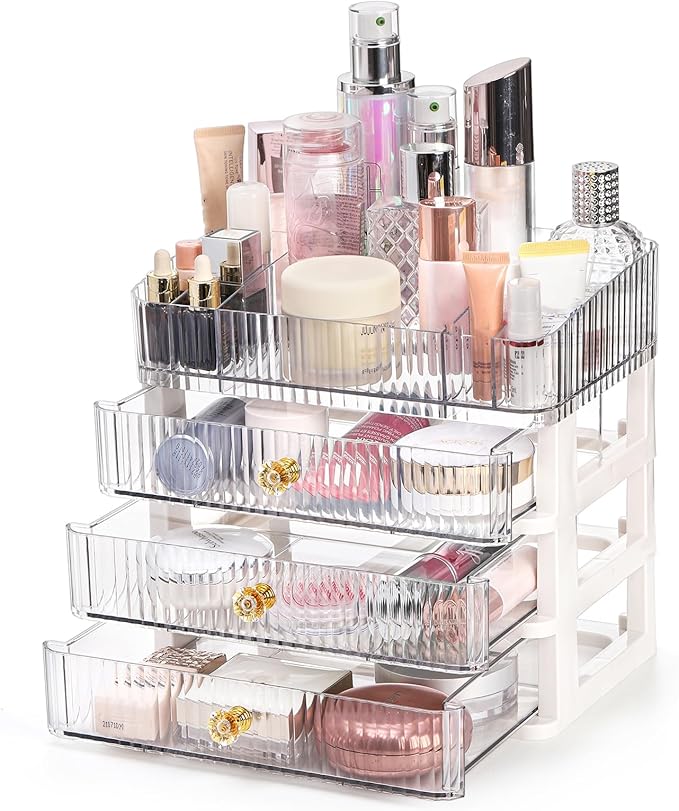 Coloch Plastic Makeup Organizer with 3 Drawers, Cosmetics Display Case for Vanity Countertop Organization Box for Makeup, Skincare, Lipsticks, Jewelry, Bathroom, Bedroom
