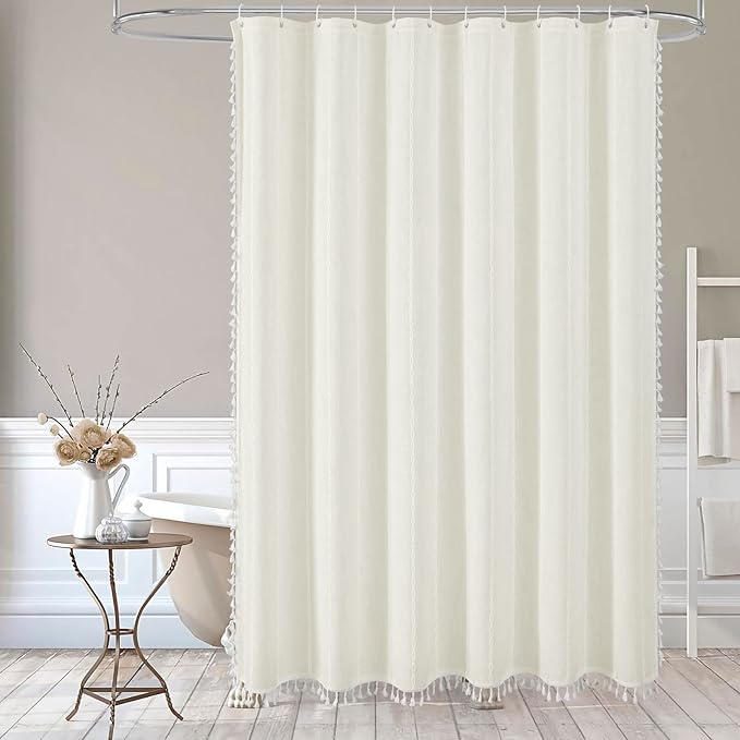 MitoVilla Boho Extra Long Shower Curtain 72 x 96,Ivory Modern Farmhouse 96 inch XL Polyester Linen Texture Tassel Fabric Shower Curtain Set with Hooks for Cottagecore Country Bathroom Decor,Ivory