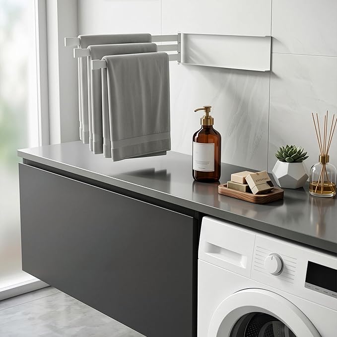 Swing Towel Holder Rack White, Wall Mounted Towel Bar Swivel with 3-Arm for Bathroom Kitchen Storage