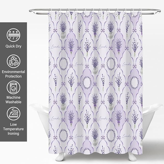 Light Purple Lavender and Lilac Shower Curtains,Cute Preppy Floral Bath Curtains for Bathroom,French Country Farmhouse Waterproof Polyester Fabric Bathroom Decor,72x72 Inch