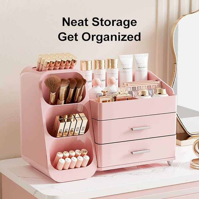 Makeup Organizer for Vanity, Large Capacity Cosmetic Display Case with Drawers, Countertop Beauty Storage Holder for Skincare, Brush Eyeliner Perfume Eyeshadow Lipsticks, Counter Desk, Pink