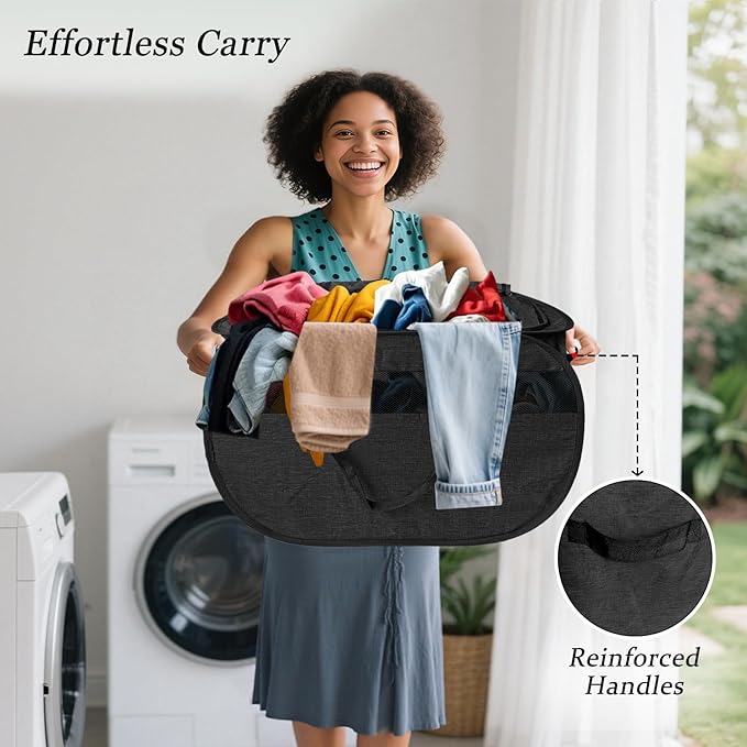Upgraded 100L Extra Large Mesh Pop Up Laundry Hamper with Lid & Handles, XL Foldable Dirty Clothes Basket for Home Dorm Closet Storage, Portable Laundry Bin, Black. H