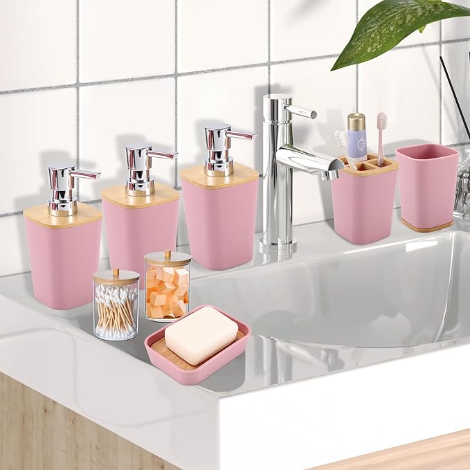 XLHOMO Bathroom Sets with Shower Curtain and Rugs, 27PCS Pink Bathroom Accessories Set with Trash Can, Pink Shower Curtain Set, No Slip Super Absorbent Bathroom Rugs