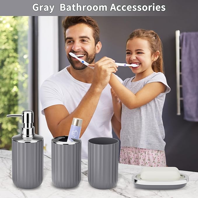 XLHOMO 24 PCS Gray Bathroom Accessories Set with Shower Curtain and Rugs, Bathroom Sets with Extra Soft and Absorbent Bath Rugs Shower Curtain Bathroom Accessory for Bath