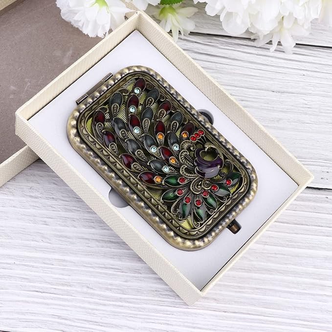 Beaupretty Vintage Foldable Makeup Mirror Pocket Size Antique Metal Double- Sided Compact Mirror Vanity MirrorTravel Mirror for Women