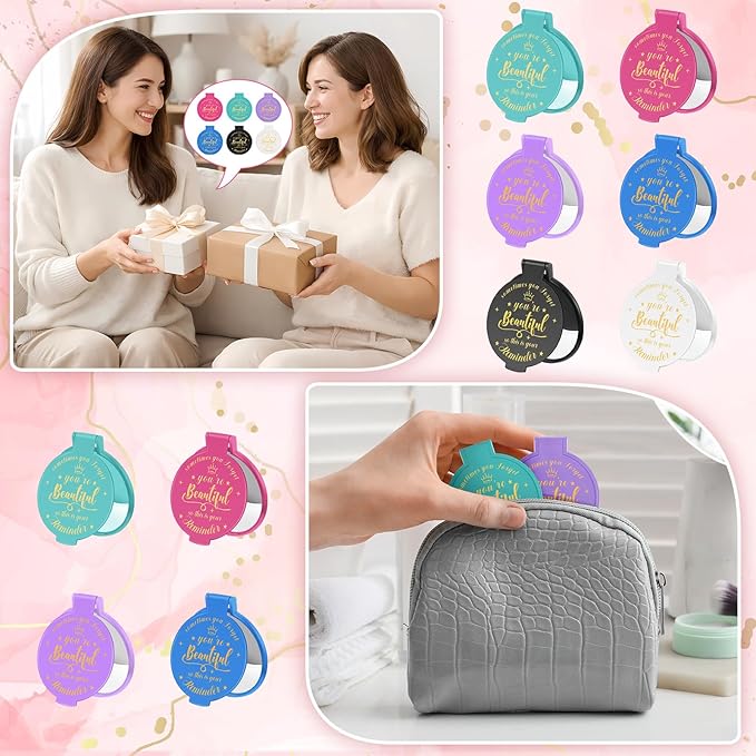 18 Pcs 2.76 Inch Inspirational Compact Mirror Bulk Galentines Women Small Gifts Valentine's Day Party Favors Purse Mirror Pocket Mini Stuffer Items for Adult Coworker Employee (Classic Colors)