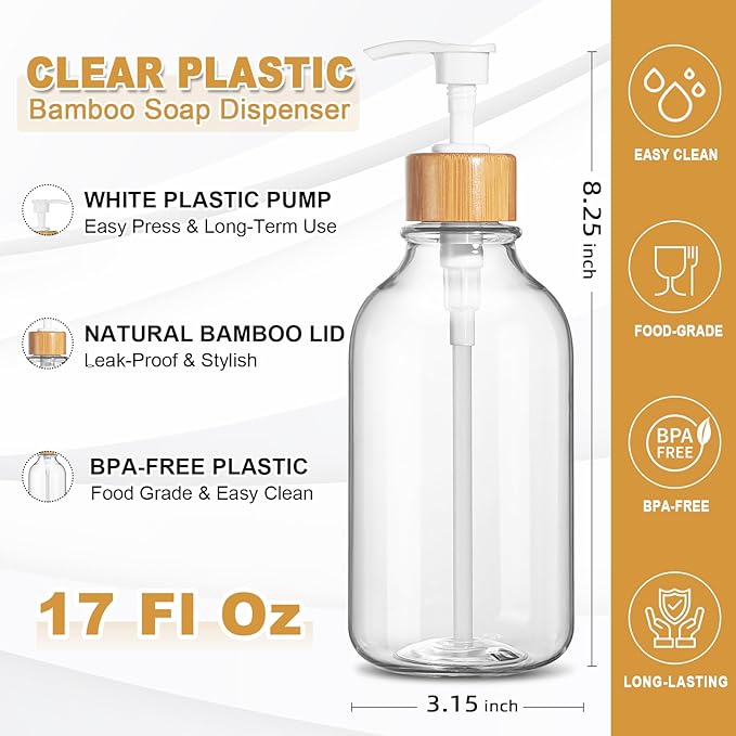 KASUNTING Clear Soap Dispenser, 2 Pack Plastic Dish Soap Dispenser for Kitchen, 17 Fl Oz Bathroom Hand Soap and Lotion Dispensers Set with Bamboo Pump, Refillable Liquid Soap Bottles