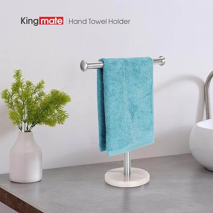 Hand Towel Holder Stand, Natural Marble Base T-Shape Fingertip Towel Rack, Rust-Proof (Brushed Nickel)