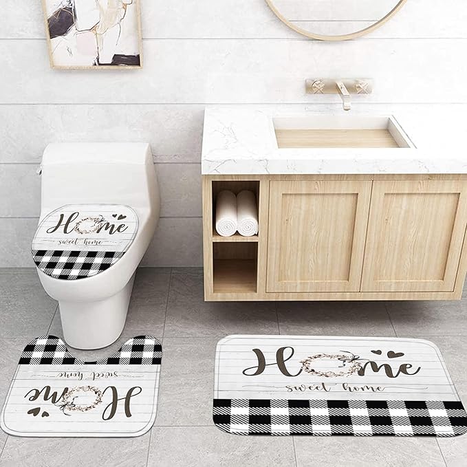 FZDHHY 4Pcs Black and White Shower Curtain Set, Modern Farmhouse Bathroom Sets, Buffalo Plaid Bathroom Sets with Shower Curtain and Rugs, Shower Curtain with 12 Hooks