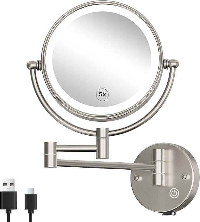 Upgraded Brightness 3-Colors LED 5X Bathroom Magnifying Mirror Wall Mounted, Double Sided Touch Dimming Wall-Mounted Close up Mirror with Lighting, Rechargeable, Brushed Nickel