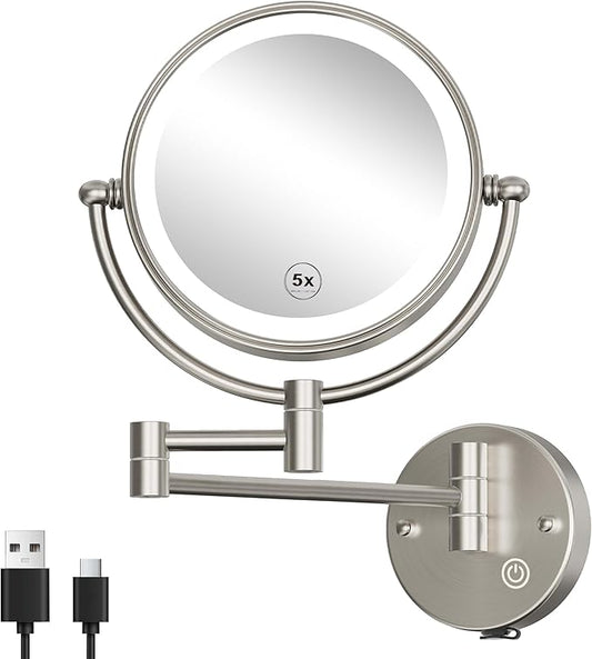 Upgraded Brightness 3-Colors LED 5X Bathroom Magnifying Mirror Wall Mounted, Double Sided Touch Dimming Wall-Mounted Close up Mirror with Lighting, Rechargeable, Brushed Nickel
