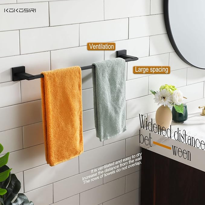 KOKOSIRI Towel Bars Matte Black Bathroom Towel Rails Wall Mounted, 24 Inches Bath Towel Holder for Kitchen Toilet Cabinet Showeroom, Stainless Steel B4006BK-L24