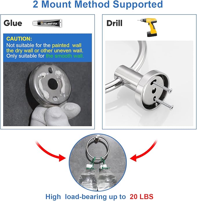 RUMOSE Brushed Nickel Bath Towel Ring Heavy Duty Round Hand Towel Holder Hanger for Bathroom & Kitchen, Stainless Steel Drill Free with Glue or Wall Mounted with Screws