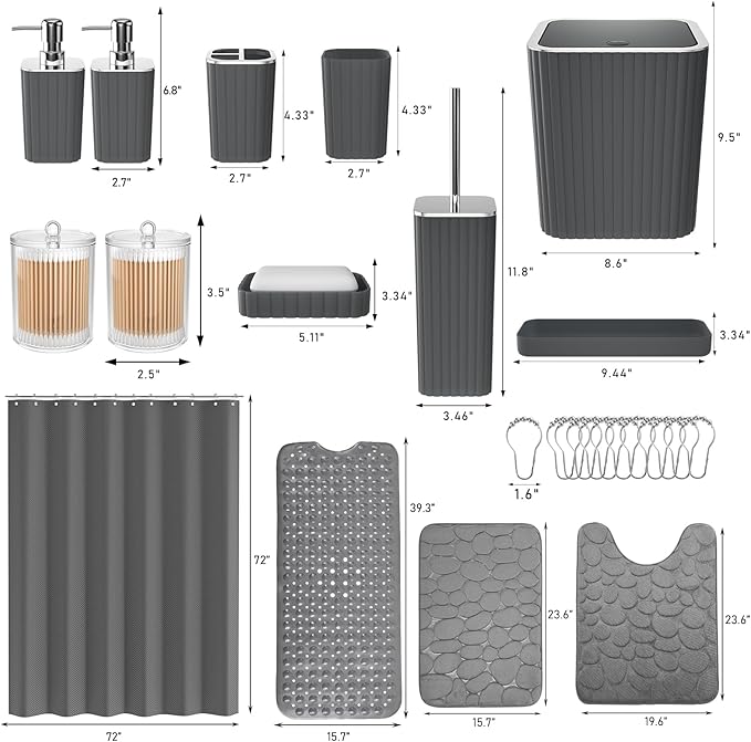 XLHOMO 26PC Bathroom Accessories Set - Gorgeous Grey Bathroom Set, Bathroom Accessory Set, Shower Curtain Set with Bathtub Mats for Shower Tub, Trash Can & Soap Dispenser