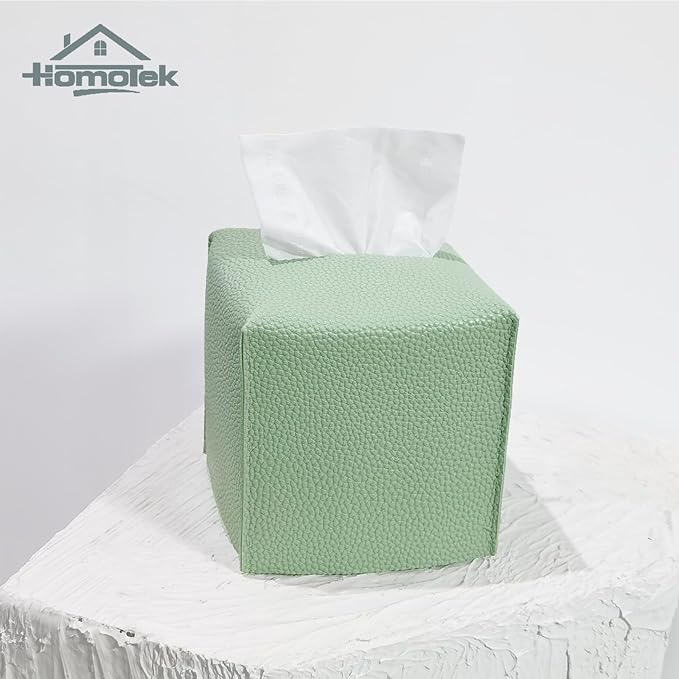 HOMOTEK 2 Pack Tissue Box Cover, Square PU Leather Tissue Holder, Decorative Facial Tissue Cube Paper Organizer Dispenser for Bathroom, Night Stands, Desk, Car 5X5X5'' - Mint Green, Pebble Grain