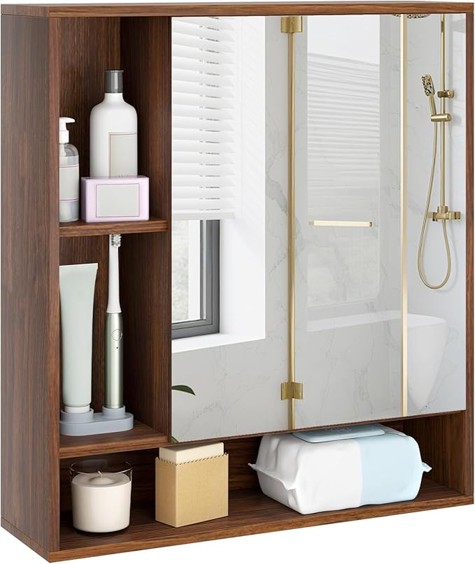 Giantex Bathroom Medicine Cabinet with Mirror, Wall Mounted Medicine Cabinet w/Single Door, 3 Open Shelves & Adjustable Shelf, Space-Saving Hanging Storage Cabinet for Living Room, Hallway (Walnut)