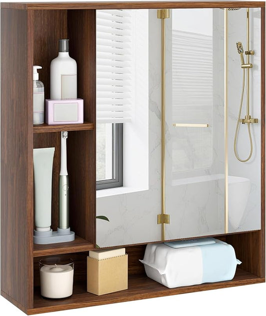 Giantex Bathroom Medicine Cabinet with Mirror, Wall Mounted Medicine Cabinet w/Single Door, 3 Open Shelves & Adjustable Shelf, Space-Saving Hanging Storage Cabinet for Living Room, Hallway (Walnut)