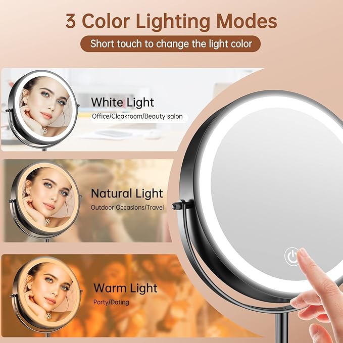 Benbilry 8 Inch Lighted Makeup Vanity Mirror with Lights 3 Color Dimmable, 1X/10X Magnifying Rechargeable Double Sided Light Up Cosmetic Mirror, 360° Swivel Cordless Standing, Black