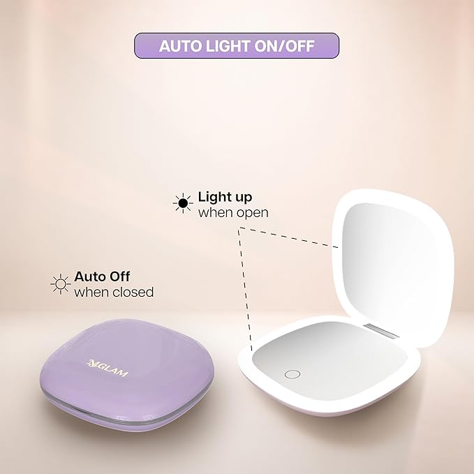 Lighted Makeup Mirror for Women, Portable, LED Light, USB Charging, auto on/Off, 1x/10x Magnification and 3 Light Color Settings, dimmable (Lavender)