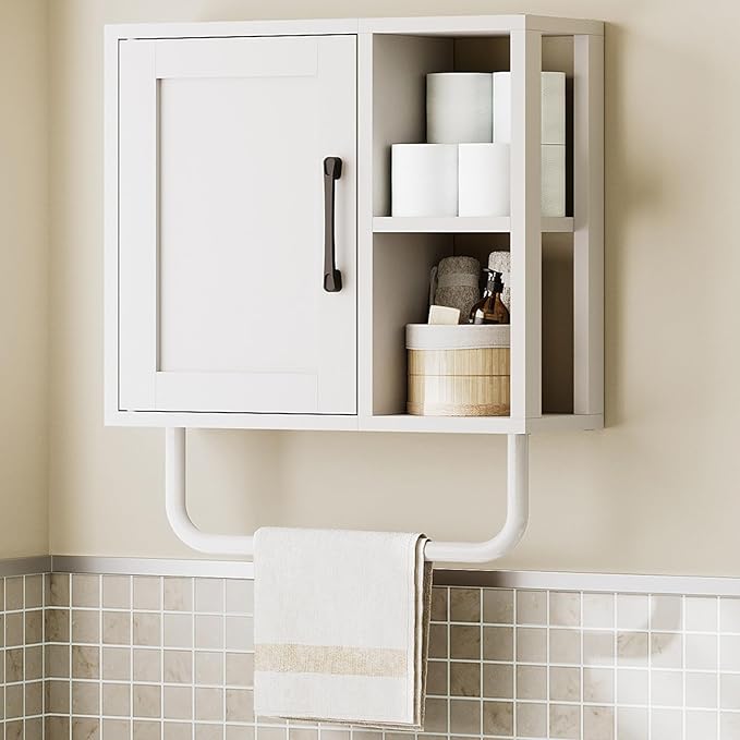 YATINEY Medicine Cabinet, Bathroom Wall Cabinet with Towel Bar, Over The Toilet Storage Cabinet with Adjustable Shelf and Open Partition, for Bathroom, Laundry Room, Living Room, Kitchen, White