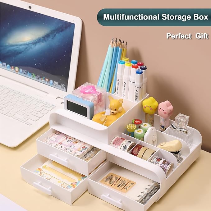 Makeup Desk Organizer With Drawers, Multifunction Desk Skincare Organizer for Dressing Table, Vanity Countertop, Bathroom Counter, Lotions, Lipstick and Nail Polish (White)