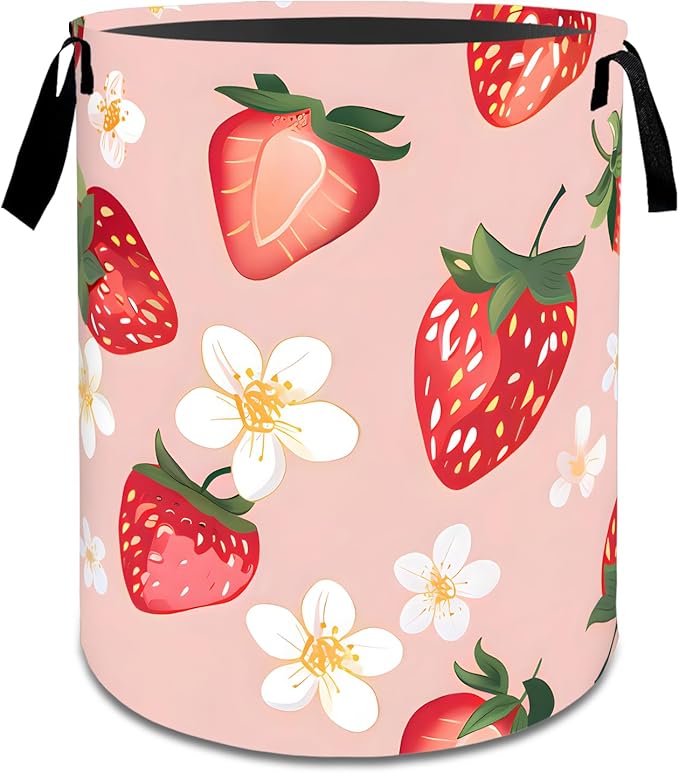 Fresh Strawberry Laundry Basket,Dirty Clothes Hamper,Red Fruit and Floral Storage Bin Gifts,Foldable Waterproof Oxford Cloth Baskets for Bathroom,Bedroom,Sweet Home Decoration(19.7" x 15.8")