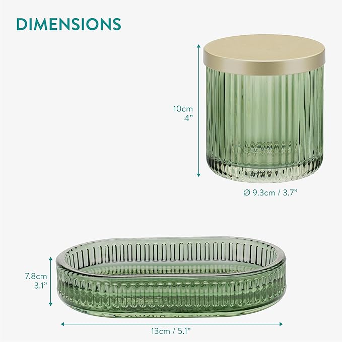Navaris Glass Bathroom Accessories Set - Durable 4 Piece Accessory Set in Sage Green - Vanity Home Decor - Toothbrush Holder, Soap Dispenser, Cotton Jar & Soap Dish