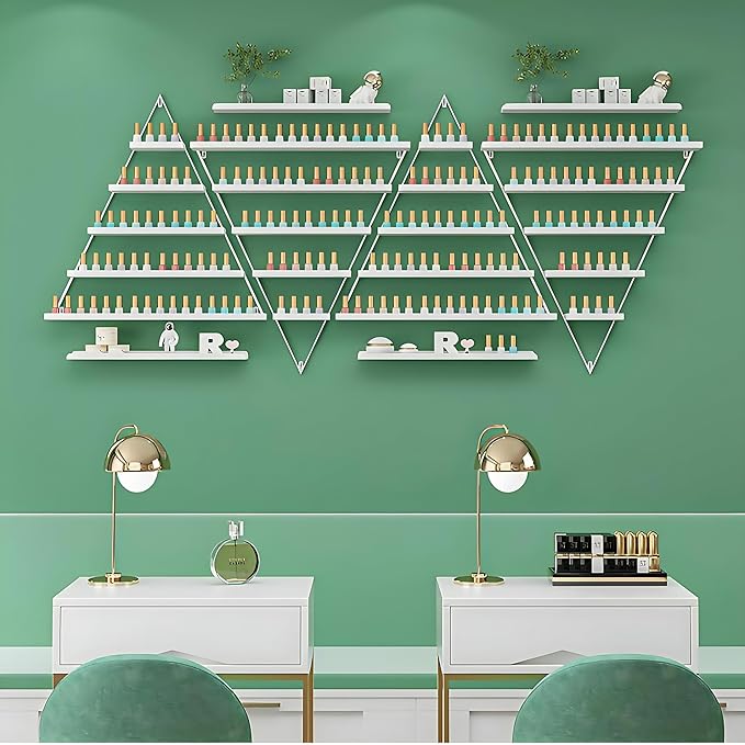 Wall-Mounted Nail Polish Rack, Set of 6 Triangular White Nail Polish Shelf Lipstick Perfume Cosmetic Display Shelf for Home Spa Nail Salon Shop