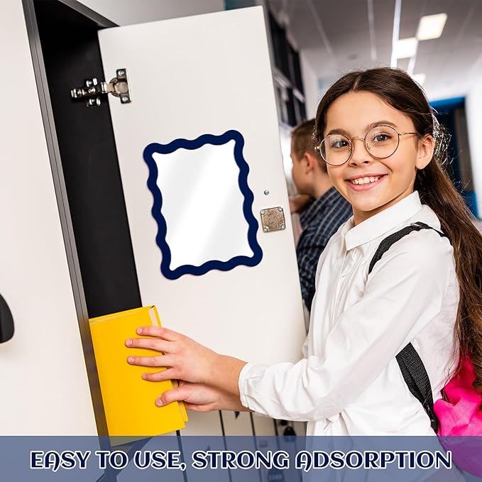 Leinuosen 1 Pcs Scalloped Magnetic Locker Mirror Small Real Glass Makeup Mirror with Magnetic Backing Cute Locker Decorations for Office Cabinet Lockers Accessories (5 x 7 Inch,Navy Blue)