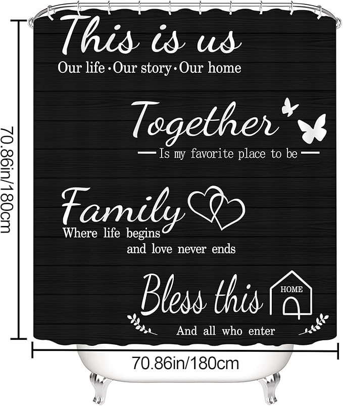 juwute 4Pcs Family Shower Curtain Sets with Non-Slip Rugs, Toilet Lid Cover and Bath Mat, Black Home Bathroom Decor Set Accessories Waterproof Shower Curtains with 12 Hooks, 72 x 72 Inch