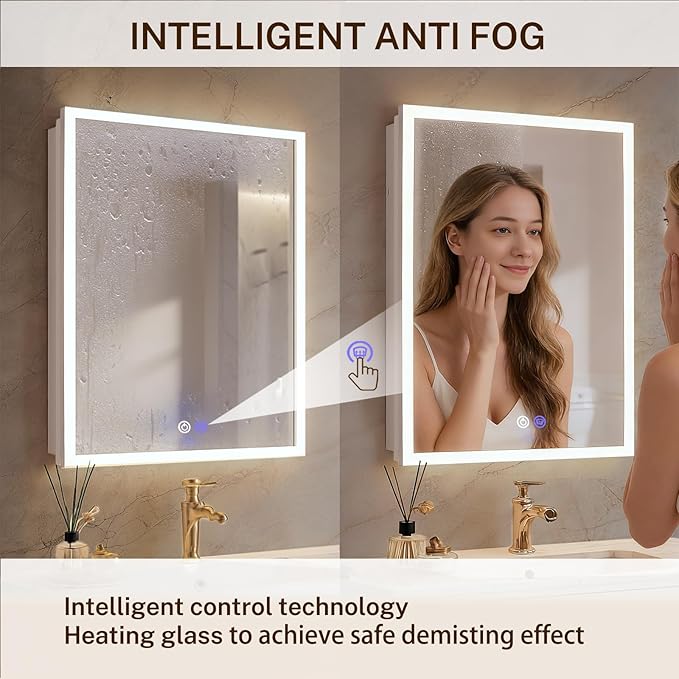 16x26 Inch Lighted Medicine Cabinet with Anti-Fog Mirror, 3 Glass Shelves, Dimmable LED, Recessed or Surface Mount Bathroom Smart Mirror Cabinet
